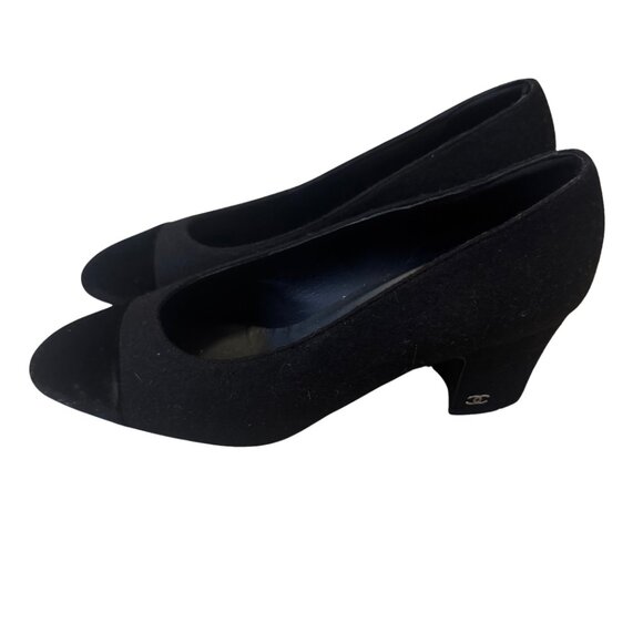 Authentic Chanel Black Pumps, Almond Toe, Crushed Velvet Toe- Size 38 - Picture 1 of 5